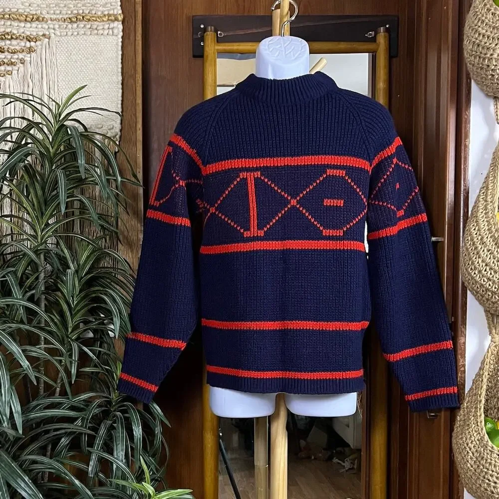 Vintage 60s Sportswear Revere Sweater Men S Navy Red Orlon Geometric Mock Neck